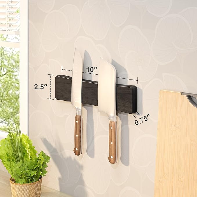 Magnetic Knife Holder for Wall, 10" Acacia Wood No Drill Knife Magnet Strip Use as Tool Key Storage Knife Bar, Powerful Wall Mounted Magnetic Knife Rack for Refrigerator & Kitchen Utensil Organizer
