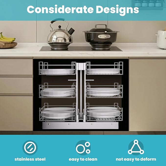 3 Tier 6 Shelf Under Sink Organizer for Kitchen Cabinets, 27’’ W X 20’’D Pull Out Cabinet Organizer, Stainless Steel Frame Slide Out Expandable Drawers for Kitchen Cabinets, Pantry, Bathroom