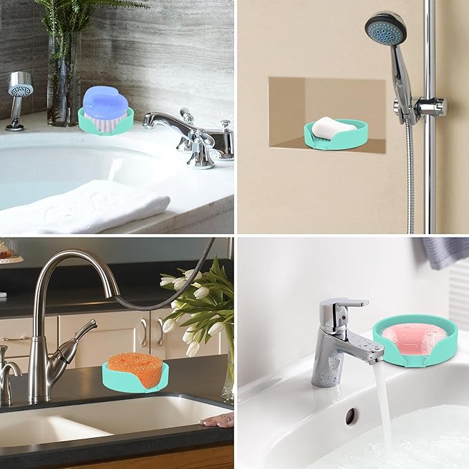 Self Draining Soap Dish, Silicone Soap Holder with Suction Cup and Drain Spout, Kitchen Bathroom Sink Organizer, Dish Soap Bar Tray Savers Sponge Holder, Perfect for Dispenser, Scrubber, Bottle, Cup