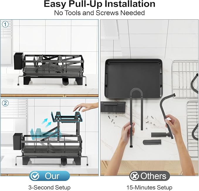 GSlife Large Dish Drying Rack 2 Tier, Expandable Kitchen Dish Drainer for Pots and Pans, 360° Swivel Spout, Rust-Resistant Metal Dish Rack with Utensil & Cup Holder, 16.9" W x 14.4"-22.4" L, Black