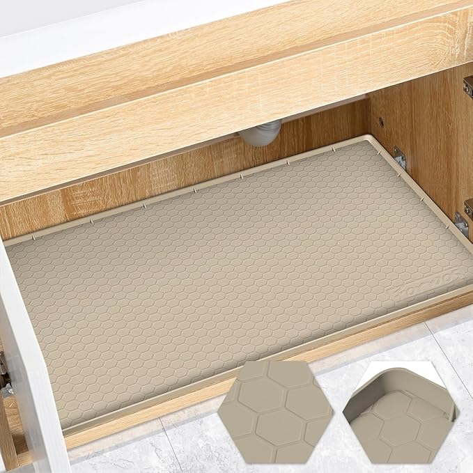 FORWOS Waterproof Under Sink Mat 28" x 19", Silicone Cabinet Liner, Rubber Protector for Kitchen and Bathroom, Keeps Cabinets Clean, Dry, and Organized (Khaki)