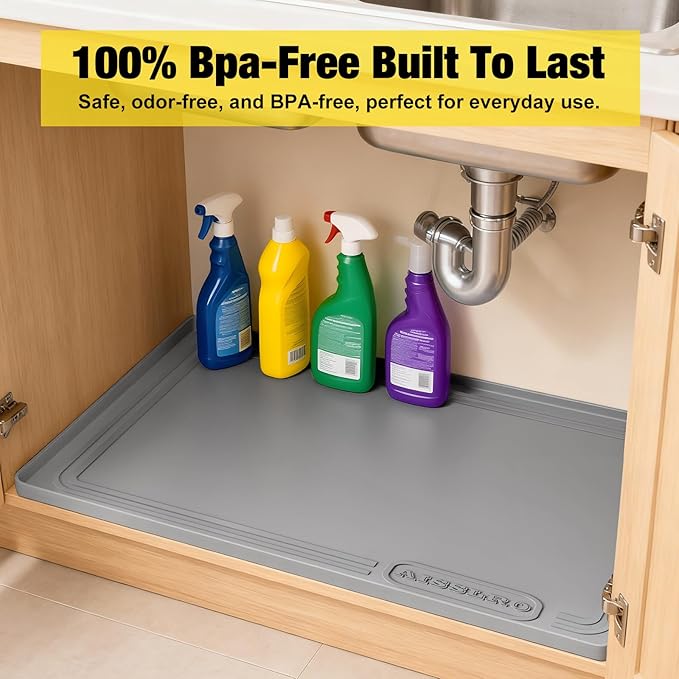 Aisslro Under Sink Mat 28" X 19", Waterproof Silicone Under Sink Mats for Kitchen, Anti-Leak Shelf Liner & Cabinet Protector with Raised Edge, [BPA Free] Bathroom Tray Home Organizer, Dark Gray