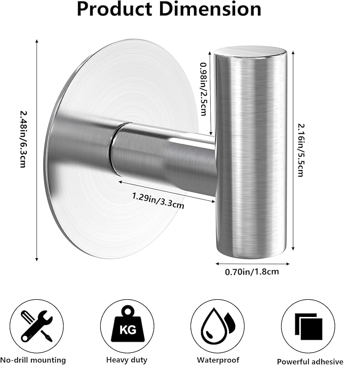 VINHOLD Heavy Duty Self-Adhesive Coat Hooks, Stainless Steel Towel Hooks for Bags, Towels, Robes, Hats, Aprons – No Drill Bathroom, Kitchen, Hotel Wall Hooks (2 Pack, Silver)