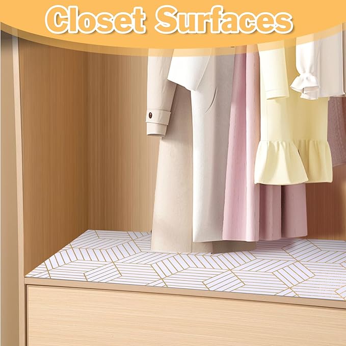 Shelf Liners for Kitchen Cabinets Non Adhesive Shelf Liner Paper Non-Slip Thickened Drawer Liner Easy to Clean for Tool Box Refrigerator with Knife and Tape Measure, Gold Geometric, 17.3 x 236.2 in
