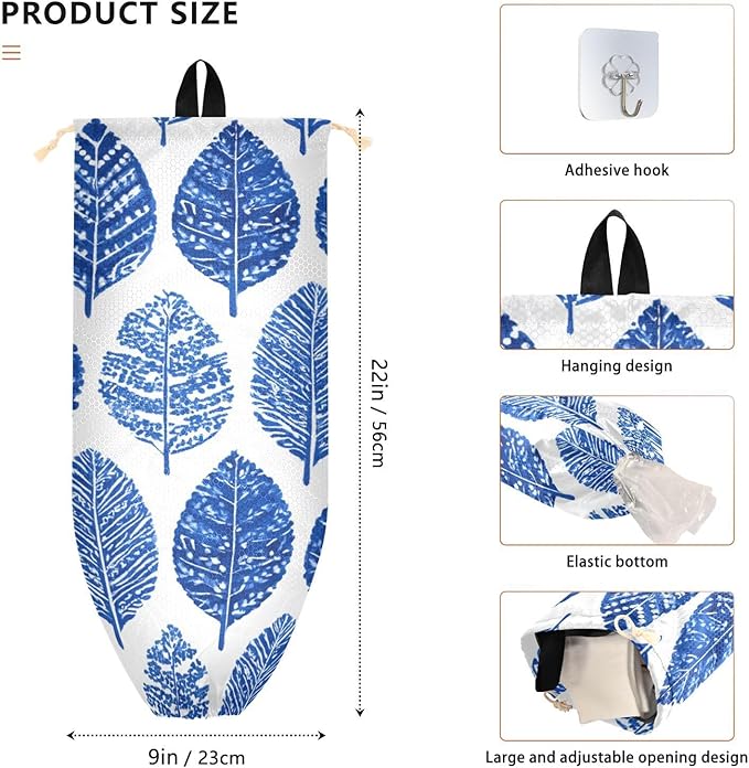 Plastic Bag Holder Wall Mount Grocery Bag Shopping Bag Storage Holder Organizer Dispenser with Adhesive Hook,for Kitchen Bathroom Home Decor 9x22 Inches Watercolor Blue Boho Leaf09