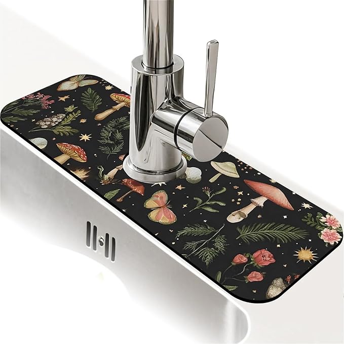 Kitchen Sink Splash Guard，Mushrooms, stars,moon Faucet Mat Sink Gadgets-Super Absorbent Fast Drying Mat Drip Catcher for Kitchen, Bathroom,Sink Mat, Dish Drying Mat, Bathroom(15" X 5.5" )