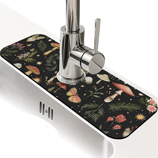 Kitchen Sink Splash Guard，Mushrooms, stars,moon Faucet Mat Sink Gadgets-Super Absorbent Fast Drying Mat Drip Catcher for Kitchen, Bathroom,Sink Mat, Dish Drying Mat, Bathroom(15" X 5.5" )
