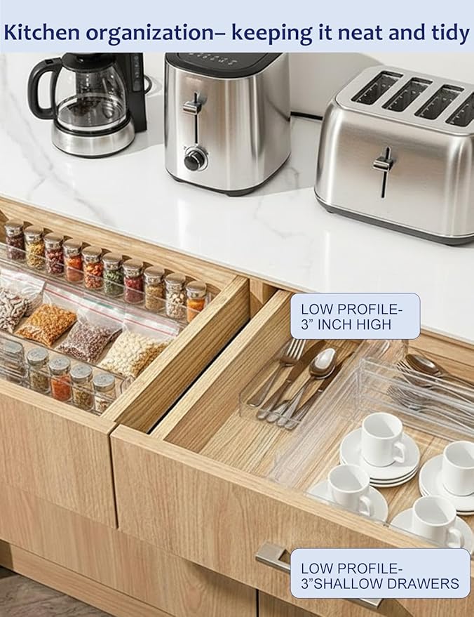 5 Pack Clear Drawer Dividers with Adhesive Pads - Adjustable Crystal Transparent Organizer for Clothes, Kitchen, Bathroom & Makeup - 3 Inch High Expandable Separators for Shallow Drawers