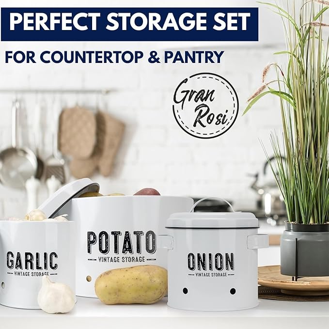 Granrosi Kitchen Vegetable Storage Set for Pantry & Countertop — Set of 3 Kitchen Containers Including Potato Bin, Onion Keeper & Garlic Storage; Rustproof Metal & Aeratic Holes; Farmhouse Style