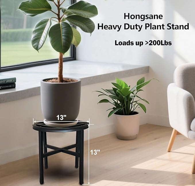 Plant Stand Indoor Outdoor,13 Inch Tall Metal Plant Stands Riser,Heavy Duty Wrought Iron Pedestal Holders for Large Flower Pot,Outside Rust-Proof Black Flower Display Shelf for Patio,2-Pack