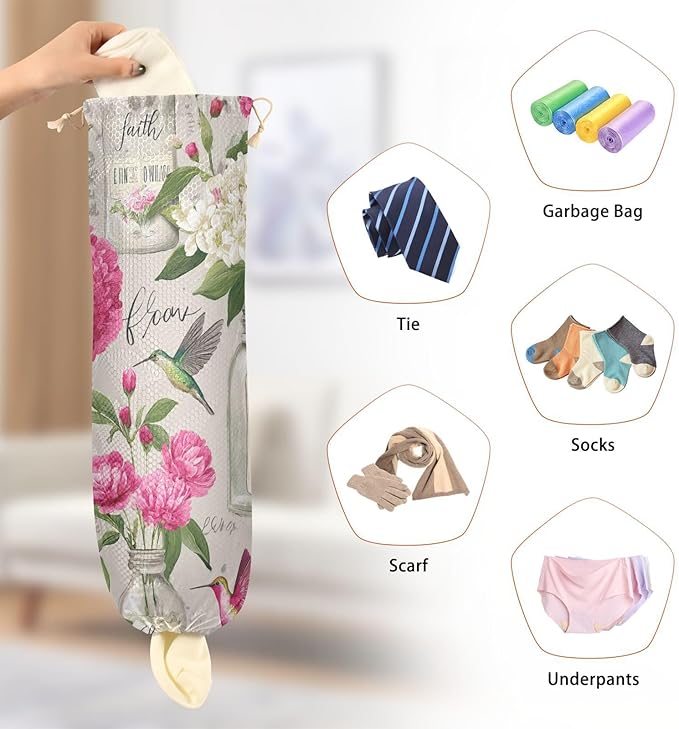 Plastic Bag Holder Wall Mount Grocery Bag Shopping Bag Storage Holder Organizer Dispenser with Adhesive Hook,for Kitchen Bathroom Home Decor 9x22 Inches Vases Flowers Birds Beige17