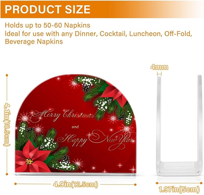 Christmas Fir Red Poinsettia Flowers Napkin Holder for Table Paper Napkins Holder Acrylic Tissue Dispenser Kitchen Dining Room Bathroom Party Car Decor