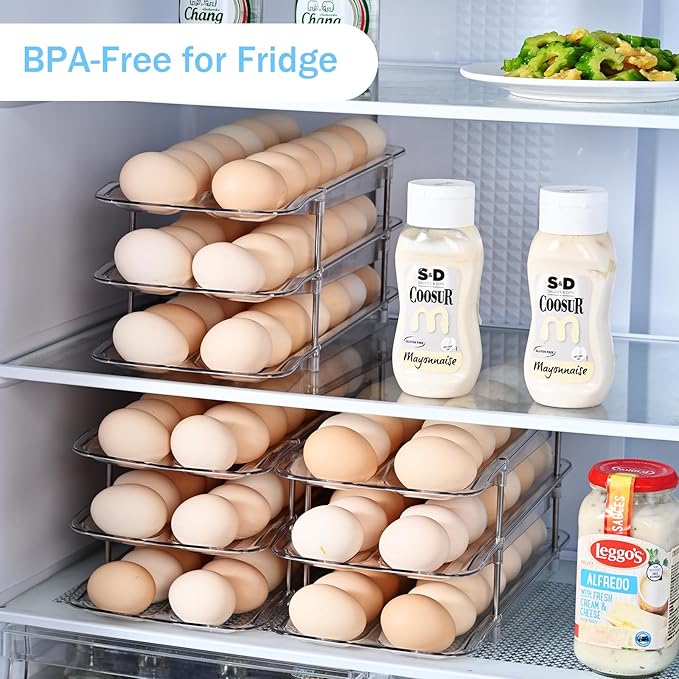 STORICANS Egg Holder,4 Tier Clear Organizer with Auto-Roll Design, Adjustable Height Egg Storage Container Holds Up to 56 Eggs for Refrigerator,Kitchen Cabinet