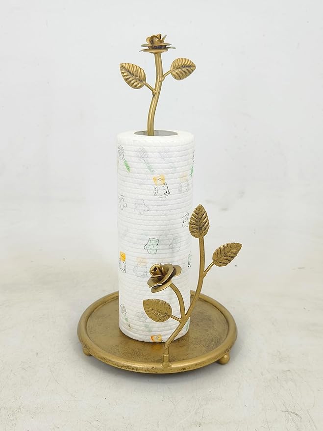 Rose Paper Towel Kitchen Roll Holder | Vintage Brass Gold | Elegant Premium Kitchen Countertop Roll Dispenser