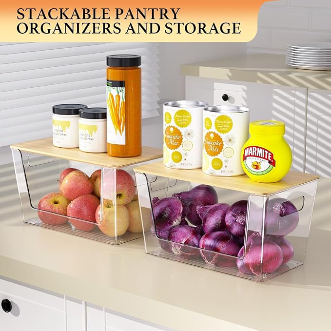 CiWiVOKi 4 Pack Clear Stackable Potato & Onion Storage Bins - Trash Bag Holder Dispenser Under Sink Organizer for Pantry, Kitchen Countertop - Trash Bag Dispenser with Bamboo Lid for 4-13 Gal Bags