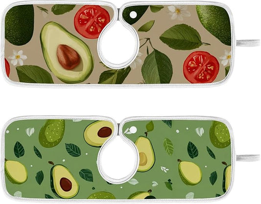 2 PCS Kitchen Sink Splash Guard 14.9 Inch Faucet Mat for Kitchen Sink Bathroom Sink Faucet Absorbing Drip Drain Mat Pad Microfiber Soft Washable Green Avocado Tomato Leaves