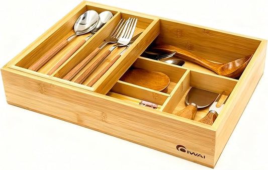 2-Tier Drawer Organizer with Removable Cutlery Tray Kitchen Utensil Silverware Drawer Organizer, Silverware Tray for Drawer Utensil Holder Bamboo Flatware Box for Utensils Stationery Cosmetics (M)