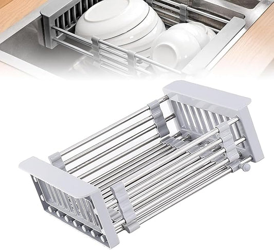 Extend Kitchen Sink Drain Basket,Stainless Steel Retractable Sink Rack,Over Sink Dish Rack,Portable Telescopic Kitchen Sinks Accessories,Extender Basket for Vegetables Fruits and Dishes(Gray,Large)