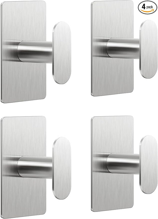 pickpiff Adhesive Towel Hooks for Bathroom: 20LB Extra Strong Wall Hanger for Shower Kitchen RV Dorm Apartment, Silver 4 Pack