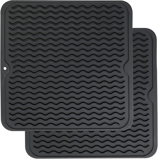 ZLR 2 Pcs Silicone Dish Drying Mat 12" x 12" Square - Small Heat Resistant Trivet & Countertop Protector for Air Fryer, Coffee Maker - Waterproof Kitchen Drain Pad for Cups, Fruit (Black)
