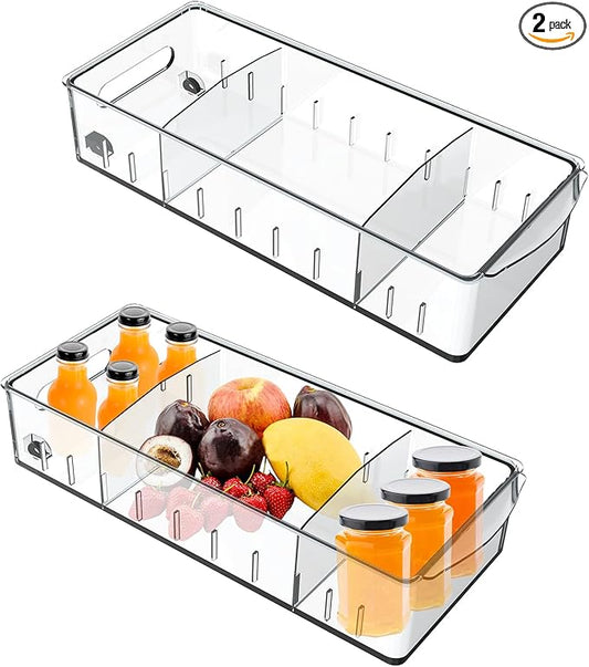 2 PCS Fridge Organizer with Wheels, Refrigerator Organizers and Storage with Adjustable Dividers, Clear Pantry Organizer Bins for Kitchen Organization and Storage