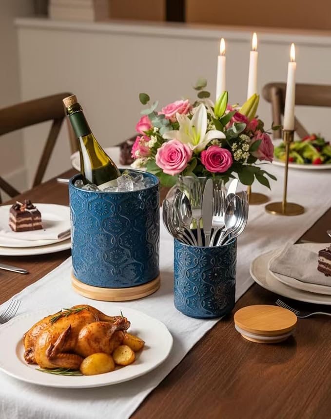 TEATALK Utensil Holder Set of 2, 7.7"+5.7" Ceramic Kitchen Utensil Holder for Countertop, Farmhouse Vintage Utensil Crock, 360° Rotating Large Utensil Organizer, Dark Blue