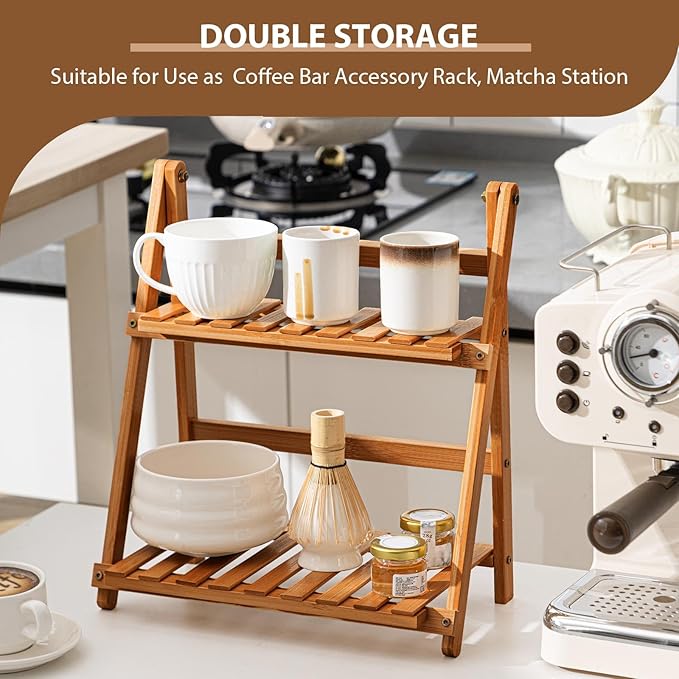 Matcha Station Shelf, 11.8'' Coffee Station Organizer, 2 Tiers Bamboo Mug Holder Countertop, Desktop Flower Pot Rack for Home Living Room Window Sill Foldable Display Storage Shelf(Brown)