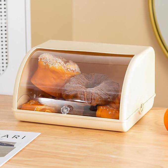 Gagee Bread Box for Kitchen Countertop,Acrylic Bread Storage Container for Homemade Bread,Cookies, Bagels, Muffins, Bread Holder with Roll Top Lid,Beige