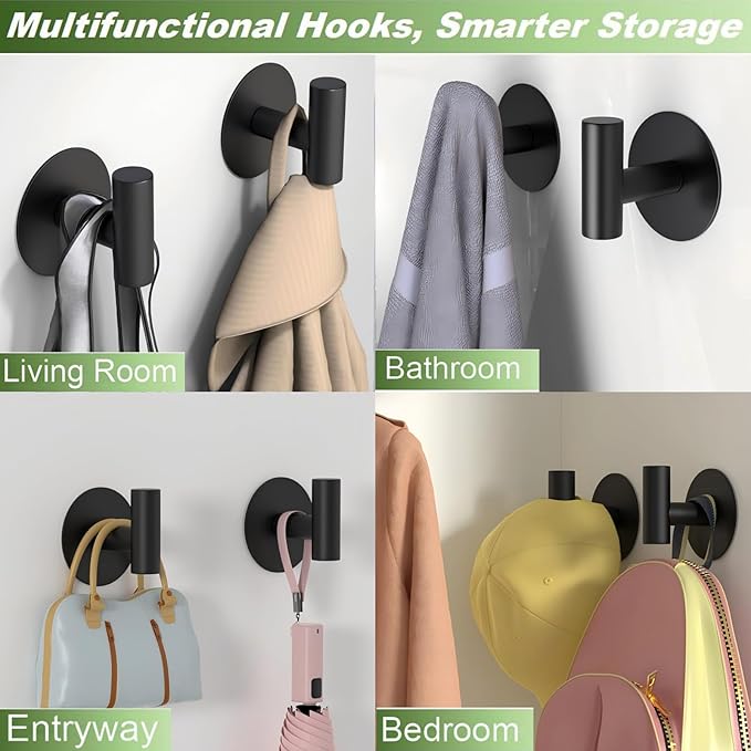 VINHOLD Self-Adhesive Coat Hooks, Stainless Steel Heavy Duty Wall Hooks, Towel Hooks for Hanging Robes, Aprons, Coats and Hats in Bathrooms,Kitchens and Hotels(2 Pack, Black)