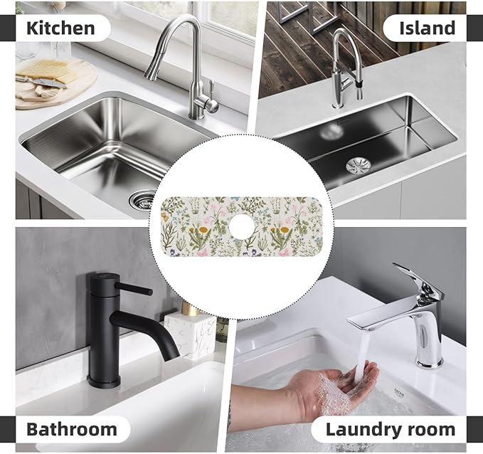 Vintage Color Plants Herbs Floral Butterfly Botanical Kitchen Sink Splash Guard Faucet Mat 1 Pcs, Absorbent Fast Drying Mat Gadgets Splash Guard For Bathroom 15 X 5.5 Inches