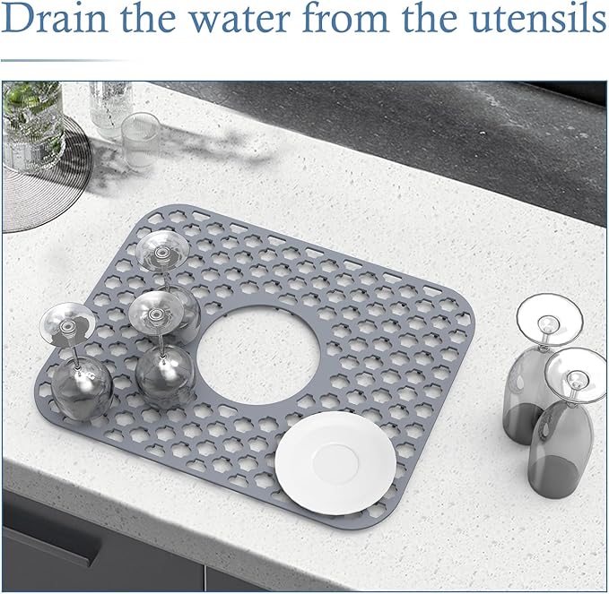 BEHOK Silicone Sink Protector for Kitchen Bathroom Sink, 2 Pack 13.58"x 11.6" Heat-resistant Mat, Non-Slip and Durable Silicone Protectors, Center Drain (Gray)