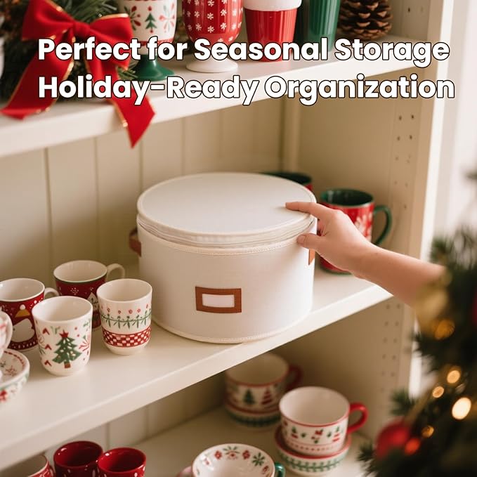 HOMELUX THEORY Plate Storage Box, 4pc Ivory Hard Shell China Storage Containers with 48 Felt Pads, Kitchen Storage Bins With Lids, Moving Box with Handles for Dishes, Dinner Plate & Platter