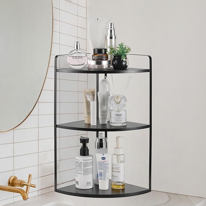 3 Tier Corner Bathroom Counter Organizer, Countertop Organizer, Vanity Organizers, Bathroom Storage Sink Shelf, Wooden and Metal Counter Shelf, Perfume Organizer for Makeup Tray (Large Capacity-Black)