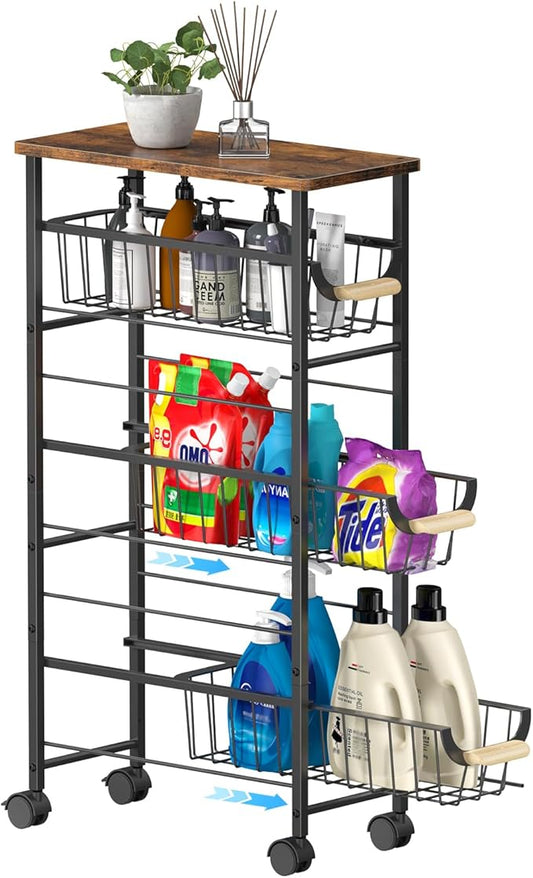 4-Tier Slim Rolling Cart with Pull-Out Baskets & Wooden Top — Narrow Mobile Storage Organizer, Multipurpose Utility Cart with Handle for Small Spaces, Kitchen, Bathroom, Laundry Room, Office, Brown