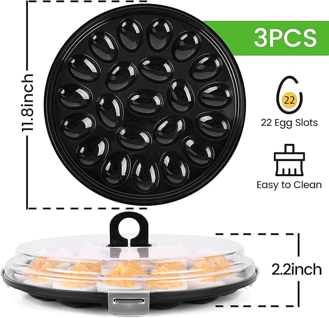 HANSGO Deviled Egg Containers with Lid, 3PCS Deviled Egg Platter Carrier Holder Trays with 66 Slots for Party and Home Kitchen, Black