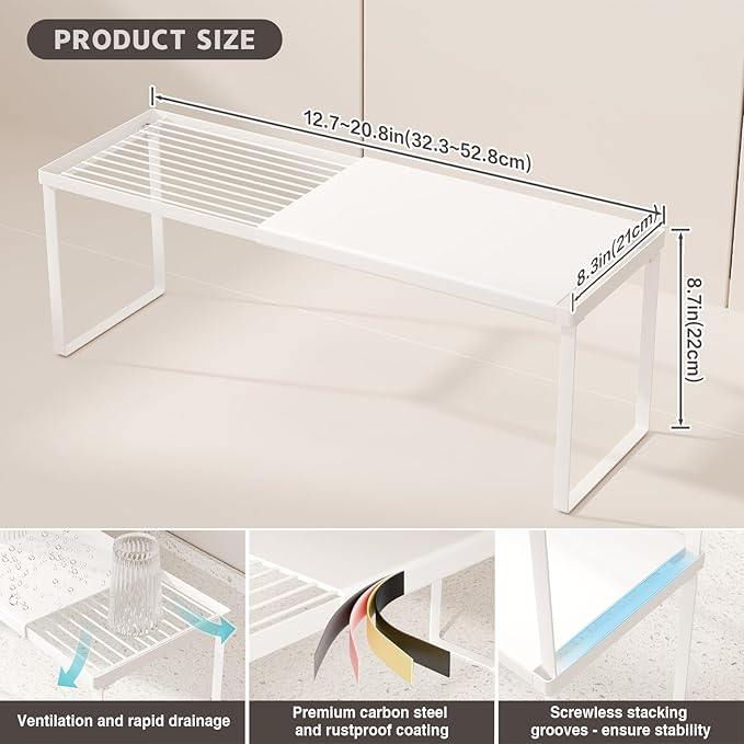 Expandable Cabinet Shelf Organizer, 2 Pack Stackable Kitchen Counter Shelf Riser, Metal Spice Rack Adjustable Heavy Duty Countertop Organizer Storage for Kitchen, Pantry, Cupboard, Rv (White)