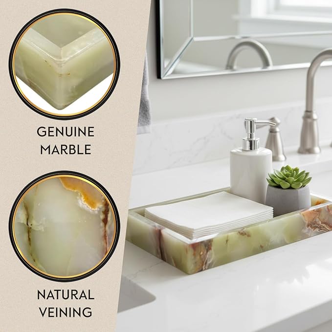 Bey-Berk Ezra Green Onyx Genuine Marble Guest Towel Tray, 9" x 5.75" Bathroom Counter Tray, Luminous Onyx Accent Piece