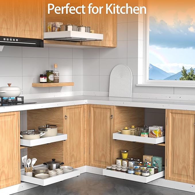 Expandable Pull Out Cabinet Organizer, 21"Deep Slide Out Drawer with Nano Adhesive, Upgrade 3 Slide Rails Roll Out Shelf for Kitchen, Pantry or Bathroom, Adjustable Width 12.4"-20.2"