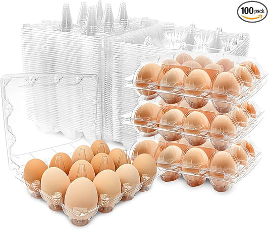 100 Pack 3x4 Plastic Egg Cartons Bulk 12 Count Clear, Reusable Stackable Dozen Chicken Eggs Containers Holders for Storage, Family, Farm Markets and Commercial Display