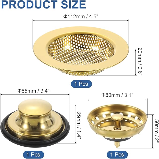 uxcell 3 Pcs Kitchen Sink Drain Strainer Light Gold, Stainless Steel Kitchen Sink Strainer and Stopper, Anti-Clogging Basket with Handle, for Most Kitchen Sink Strainer Replacement