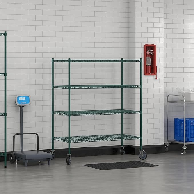 Commercial NSF Listed Green Epoxy Mobile Wire Shelving Kit 24" x 48" x 60", with 4 Shelves Perfect for Warehouse, Walk-in Refrigerator, Freezer, Grocery Store, Restaurant, Dishroom