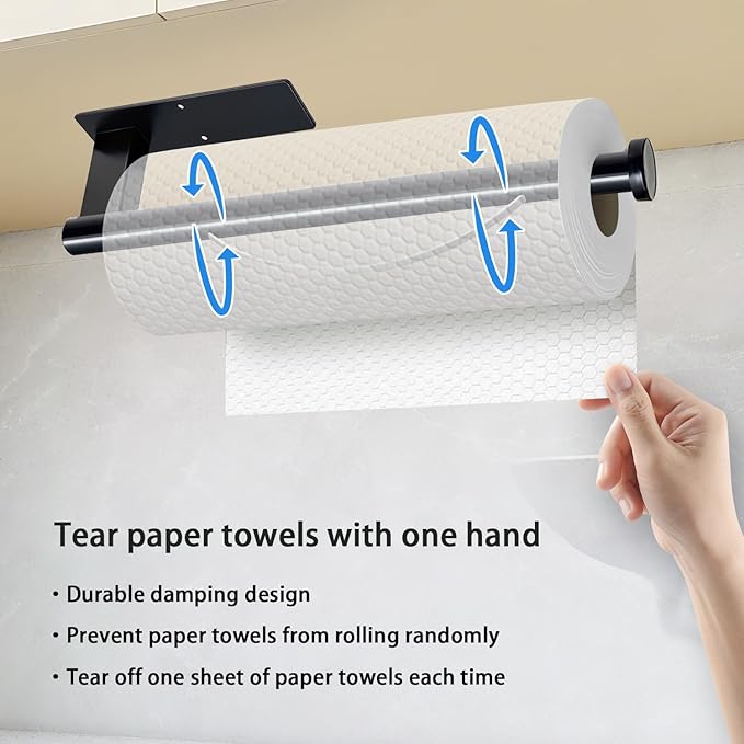 Paper Towel Holder Under Cabinet, Single Hand Operable Tearing Off Paper Towels with Damping Effect, Both Available in Adhesive and Screws, Stainless Steel (Black)
