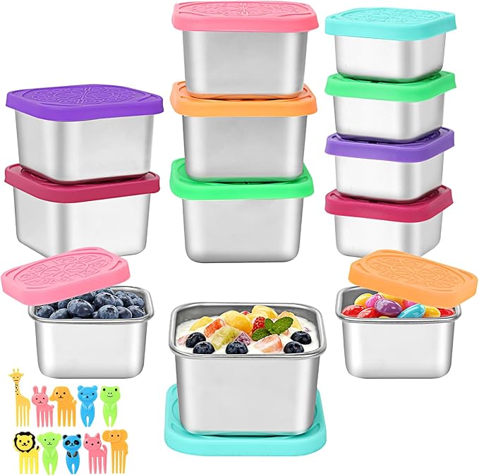 12Pack Stainless Steel Snack Containers with Lids, Small 6oz & 2oz Leak Proof Metal Food Storage Containers, Bento Box Meal prep Containers, Easy Open Stackable Lunch Box for Adults LIttle One