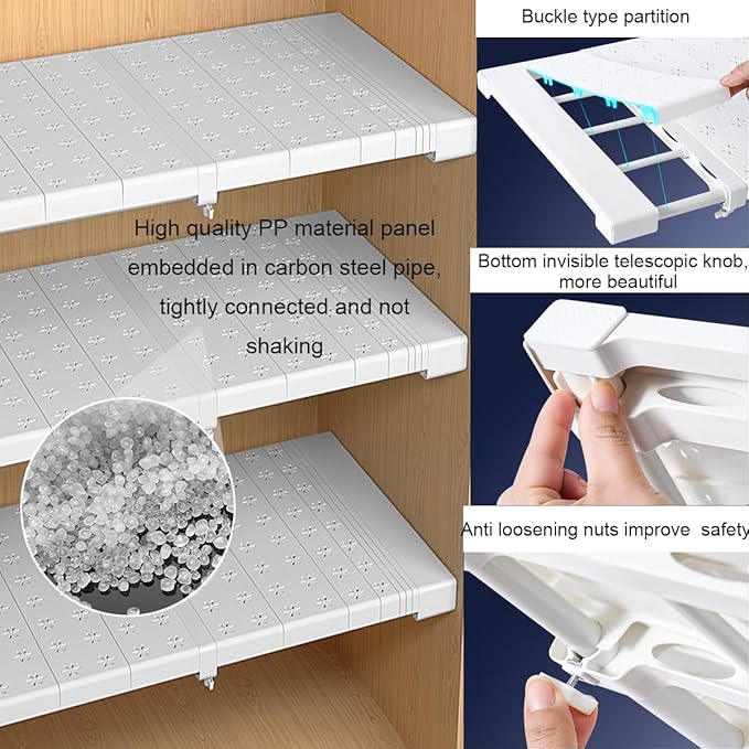 Expandable Closet Shelves Organizers, Heavy Duty Adjustable Wardrobe Tension Shelf Rod DIY Cabinet Holders Storage Rack Divider Separator for Kitchen Bathroom Bedroom Garage