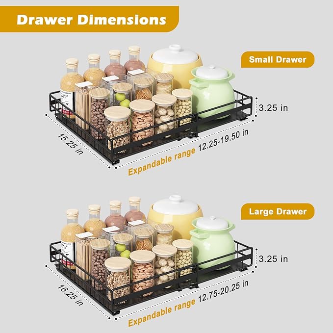 REALINN 2 Pack Pull Out Cabinet Organizer, Expandable(12"-20") Slide Out Drawers 3 Slide Rails Fix with Adhesive or Screw, Roll Out Shelves for Kitchen Cabinet Organization, Black