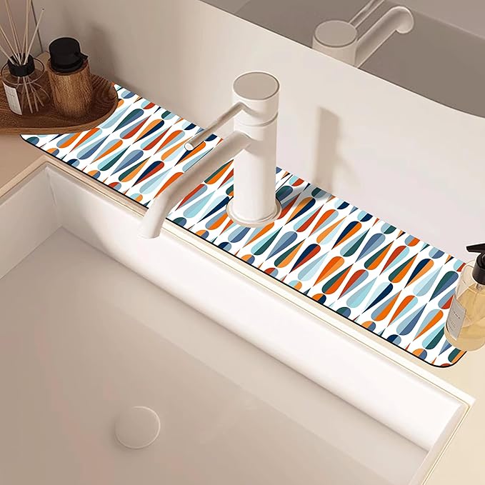 Mid-Century Drop Shapes Kitchen Sink Splash Guard Mat Absorbent Fast Drying Mat Faucet Draining Mat Sink Splash Guard Behind Faucet Drip Catcher for Kitchen Bathroom 5.5"×24"