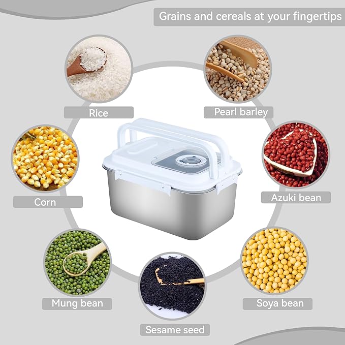 Airtight Stainless Steel Food Storage Container 20lb - Kitchen & Pantry Canister for Rice, Flour, Sugar, Baking Supplies with Measuring Cup & Spoon (Silver)