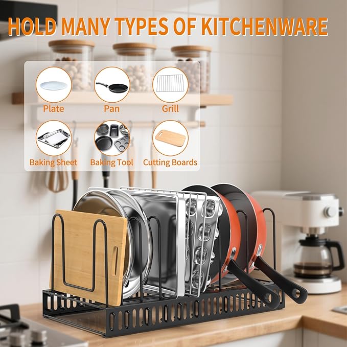 Pot Lid Organizer for Cabinet,7 Adjustable Dividers Storage for Cabinet - Heavy-Duty Pot & Pan Organizer - Perfect to Store Pots, Bakeware, Plates, Cookie Sheets, Trays, Dish, Cutting Boards