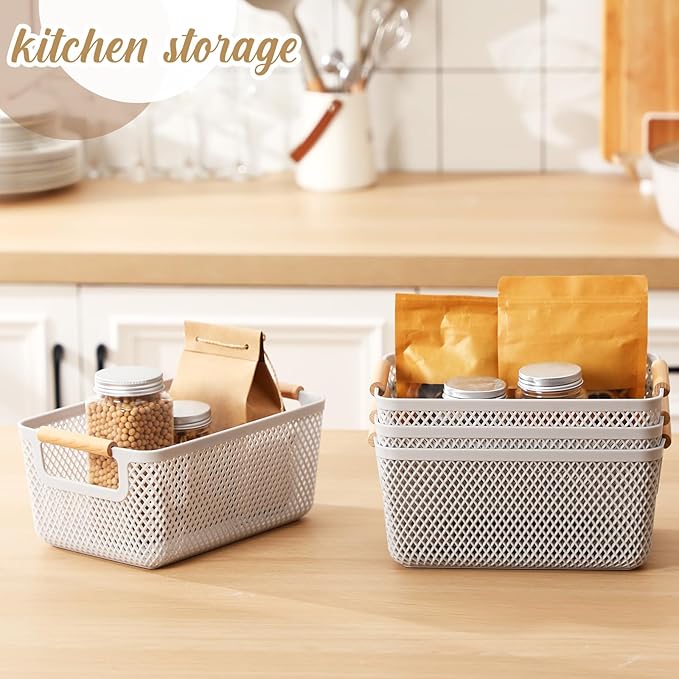 4 Pcs Plastic Mesh Baskets with Handles - Mesh Storage Organizer Bin Container Baskets for Home Organizing Pantry Closet Cabinet Kitchen Fridge Fruit Snacks Gifts, Grey(Small)