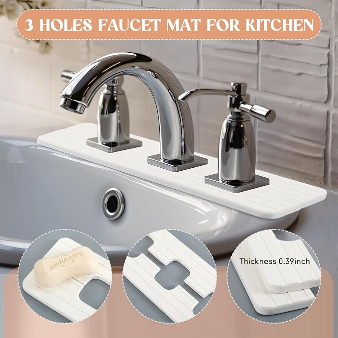Teenyyou 3 Square Hole White Faucet Mat for Kitchen Sink 16.14" x 4.49" Kitchen Faucet Absorbent Mat Diatomite Splash Guard for Sink Quick Drying Stone Drip Catcher for Bathroom Counter